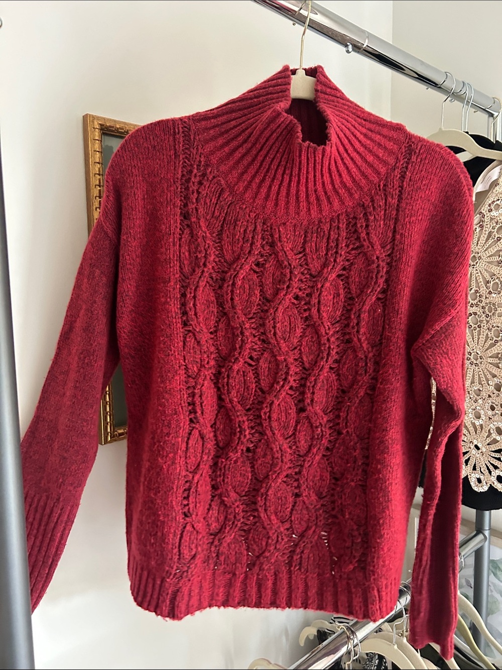 White House Black Market M Red Cable-Knit Turtleneck Sweater